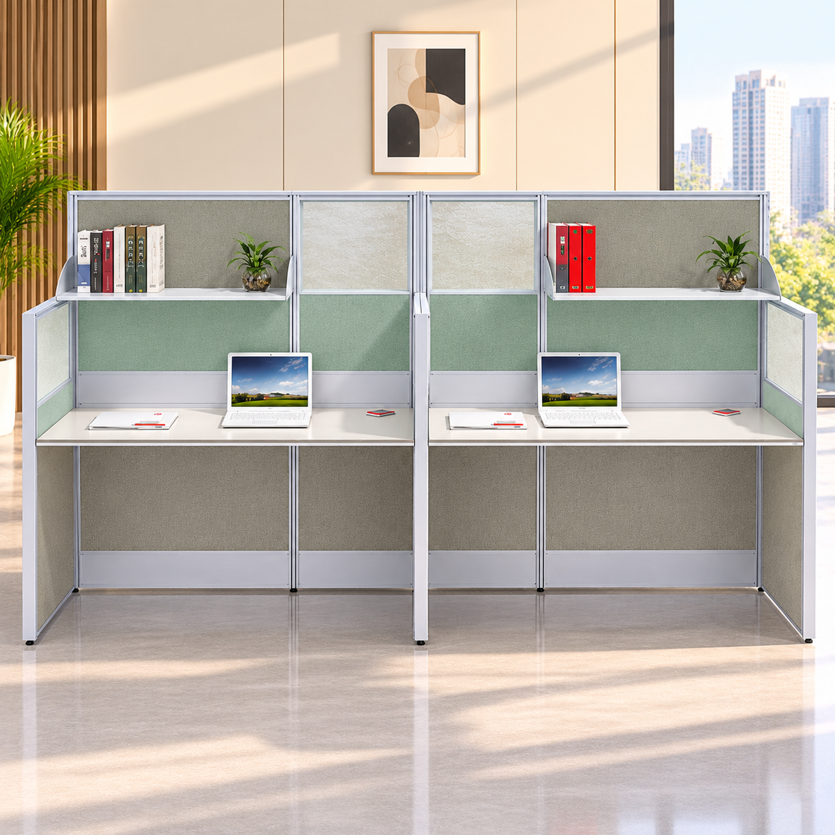 Modern 4 Seater Linear Office Workstation with Sage Green Privacy Panels, Overhead Storage Shelves, Aluminium Frames & White Desks