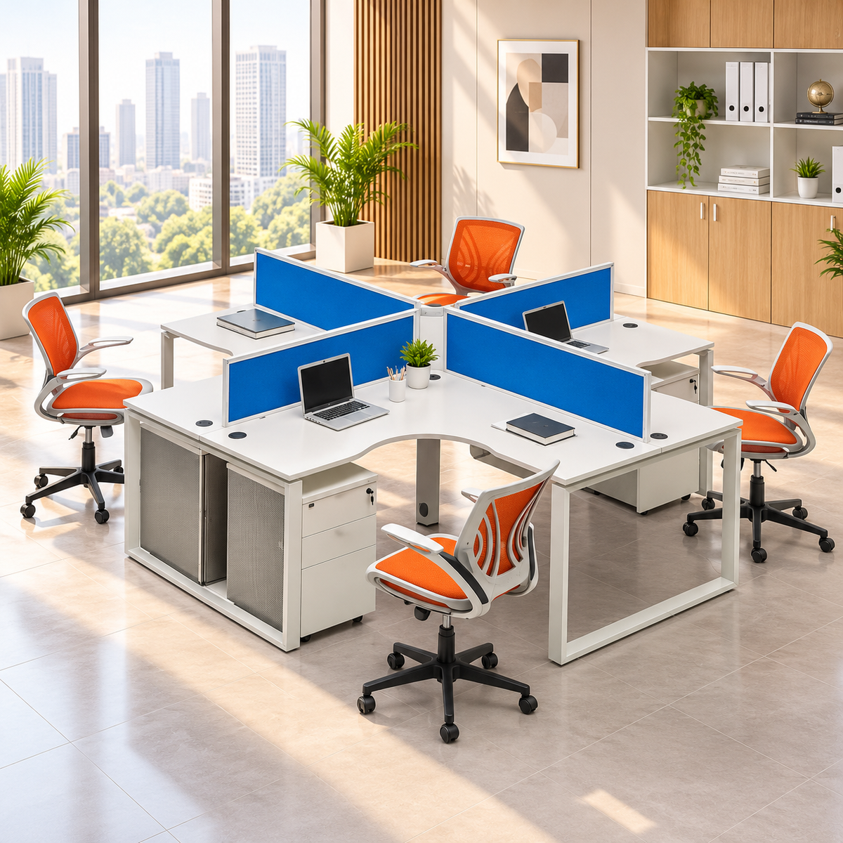 Modern 4 Seater Office Workstation with Blue Cross-Shaped Privacy Panels, Curved White Desks, Aluminium Frame & Drawer Storage