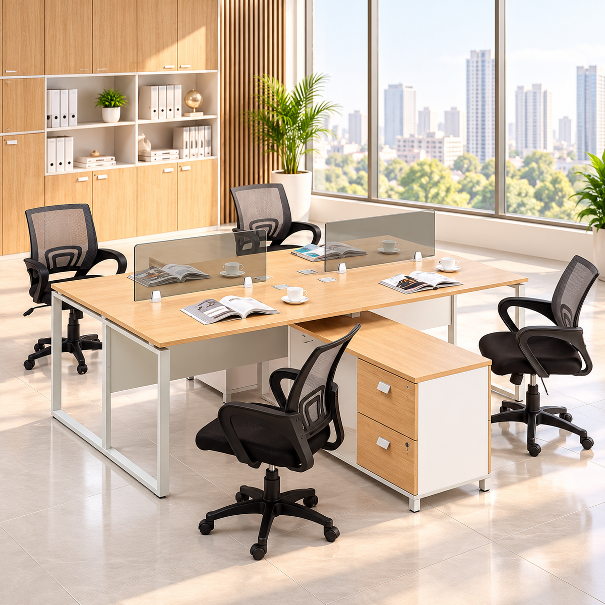 4 Seater Office Workstation with Light Oak Finish Desks, Frosted Privacy Screens, Powder Coated Metal Frame & Drawer Storage
