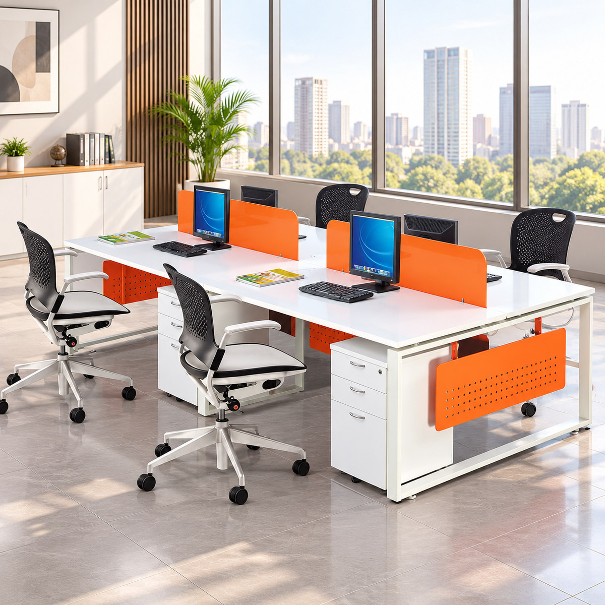 Modern 4 Seater Office Workstation with Orange Privacy Screens, White Shared Desks, Powder Coated Metal Frame & Drawer Storage