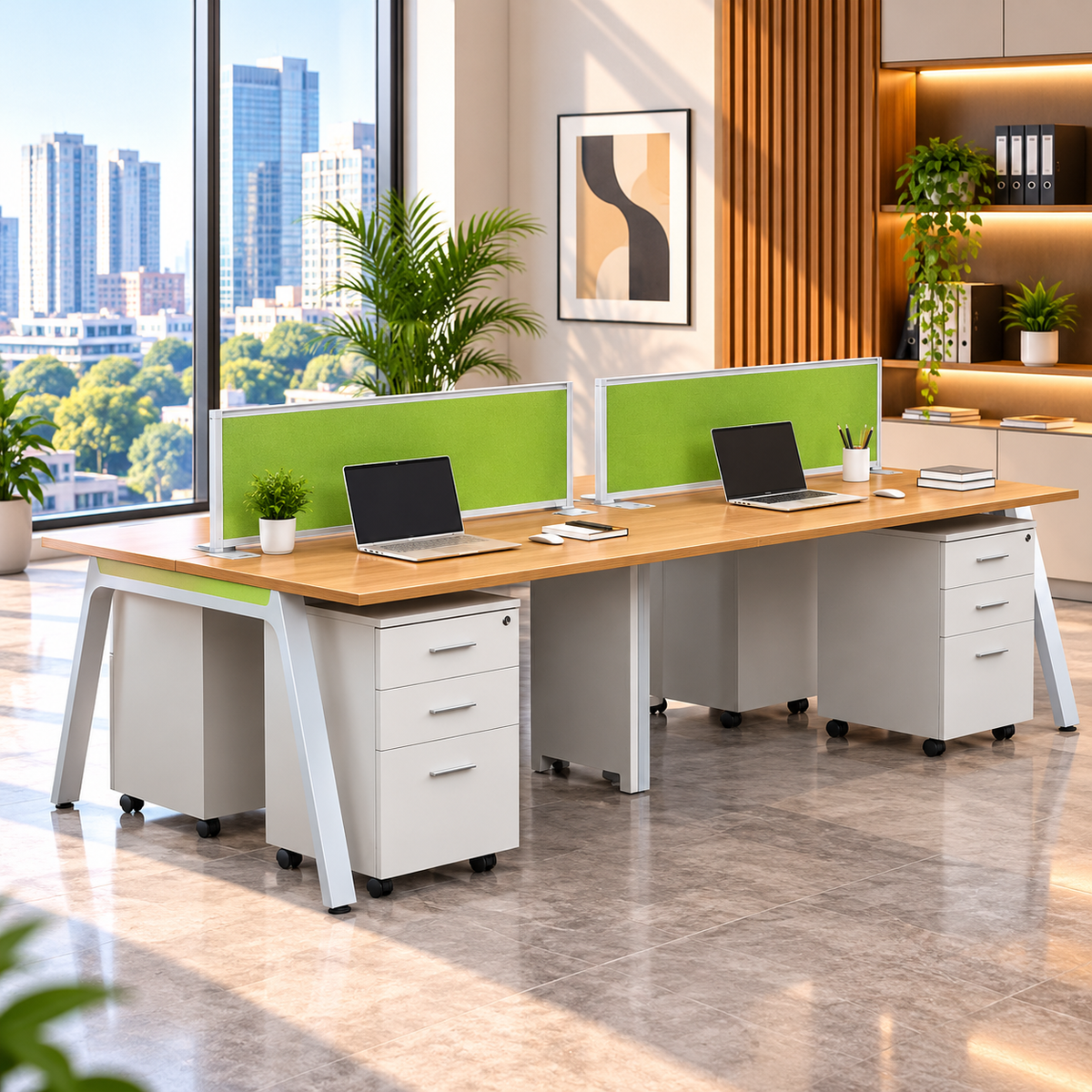 4 Seater Maple Finish Office Workstation with Green Partition Screens, Wheeled 3 Drawer Pedestals and White A-Frame Metal Legs