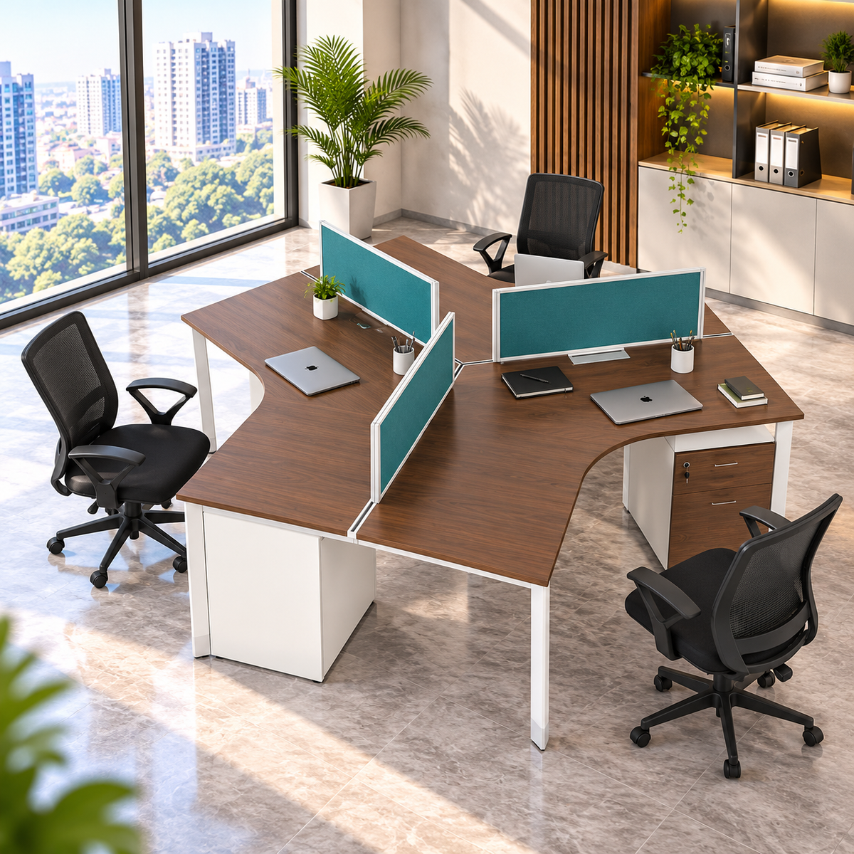 4 Seater Office Workstation with Brown Tops and Turquoise Privacy Panels