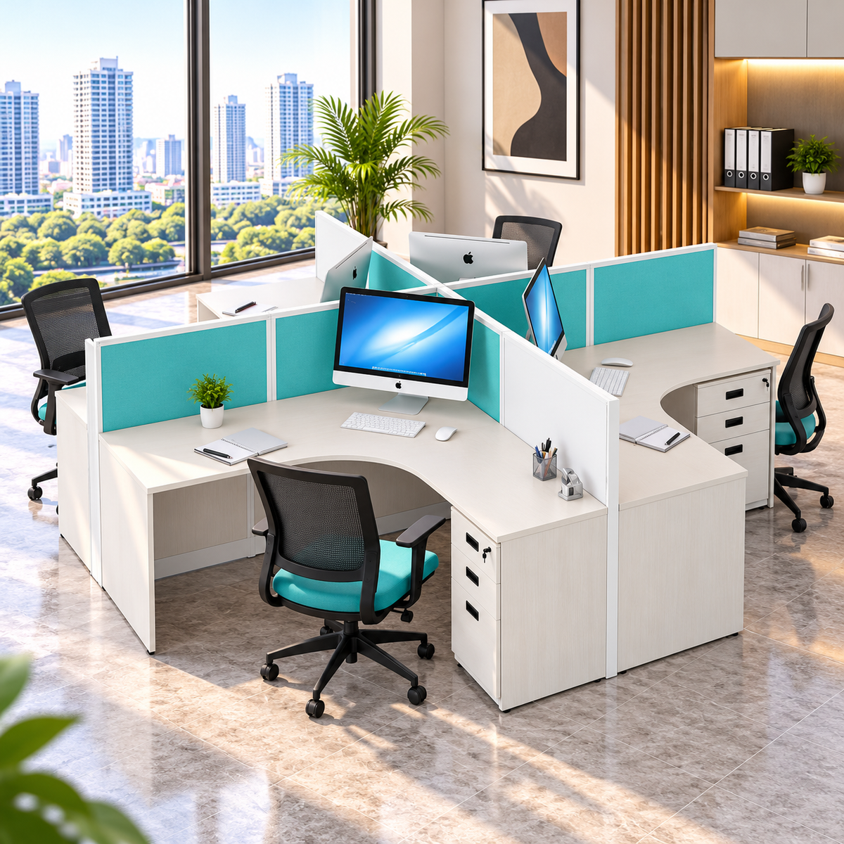 4 Seater Office Workstation with Turquoise Privacy Panels and White Storage Pedestals