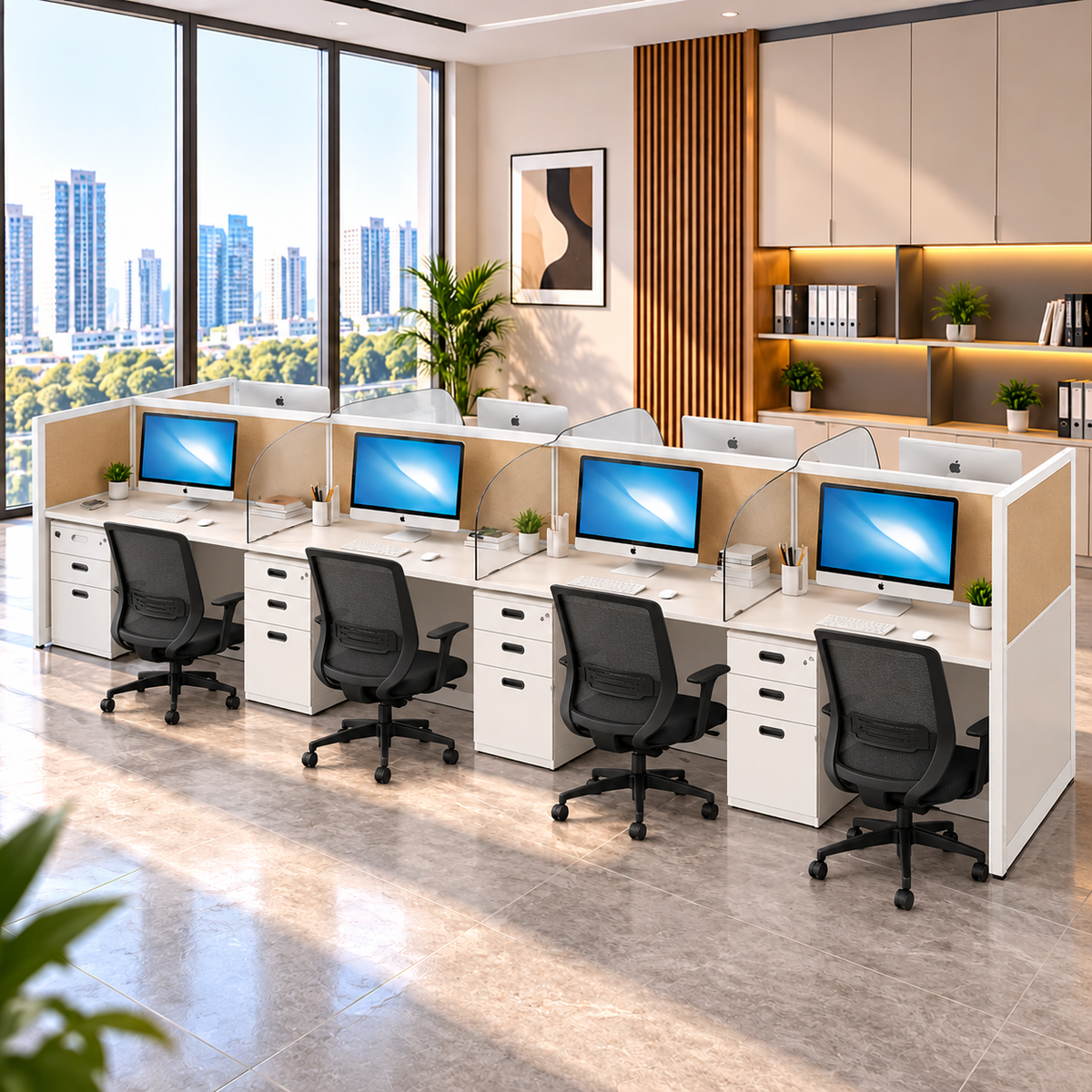 Modern 8 Seater Linear Office Workstation with White Desks, Beige Privacy Partitions, Aluminium Frames, Drawer Storage & CPU Space