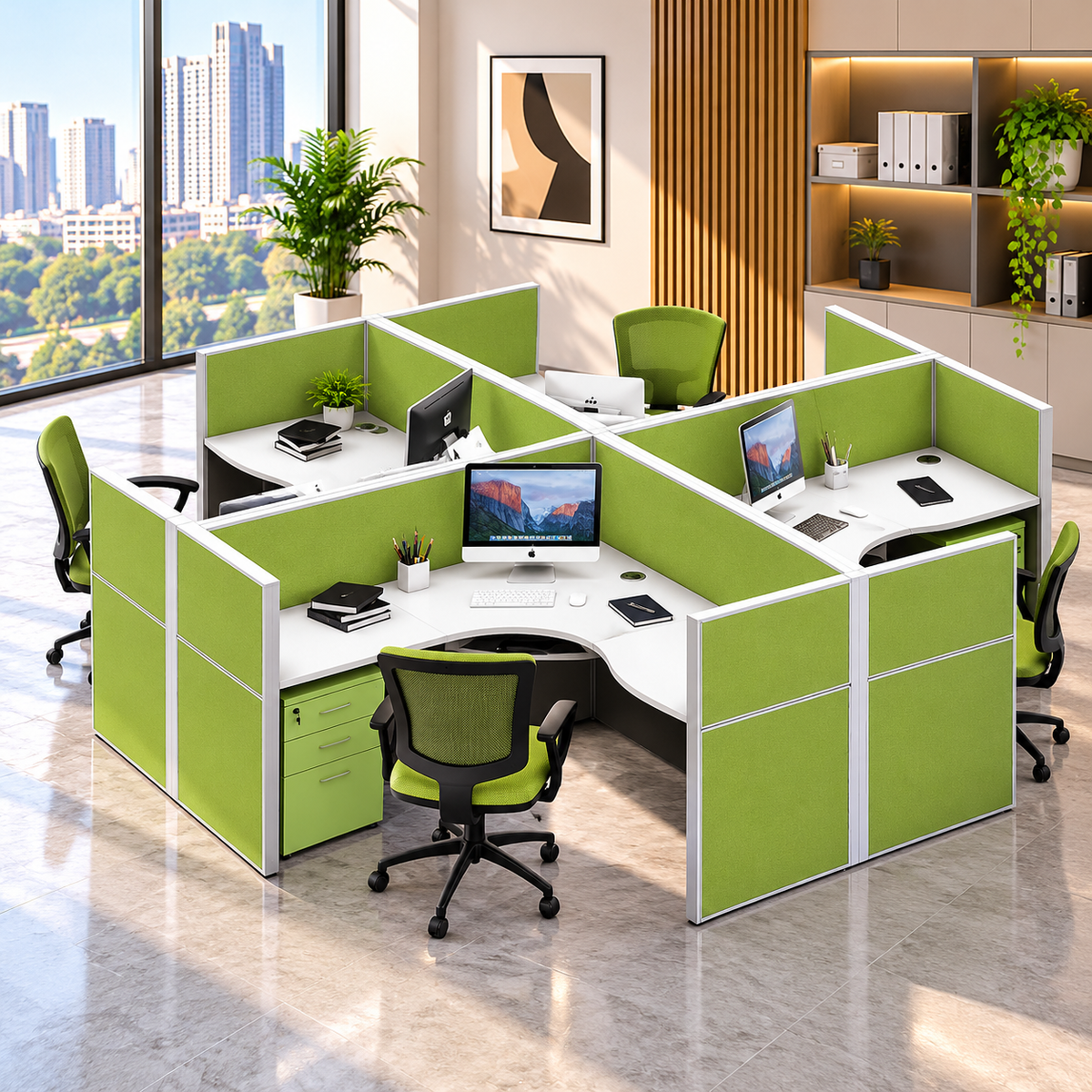 4 Seat Cross Office Workstation with Lime Green Partition Panels, Curved White Tops, Aluminium Frame and Drawer Pedestal