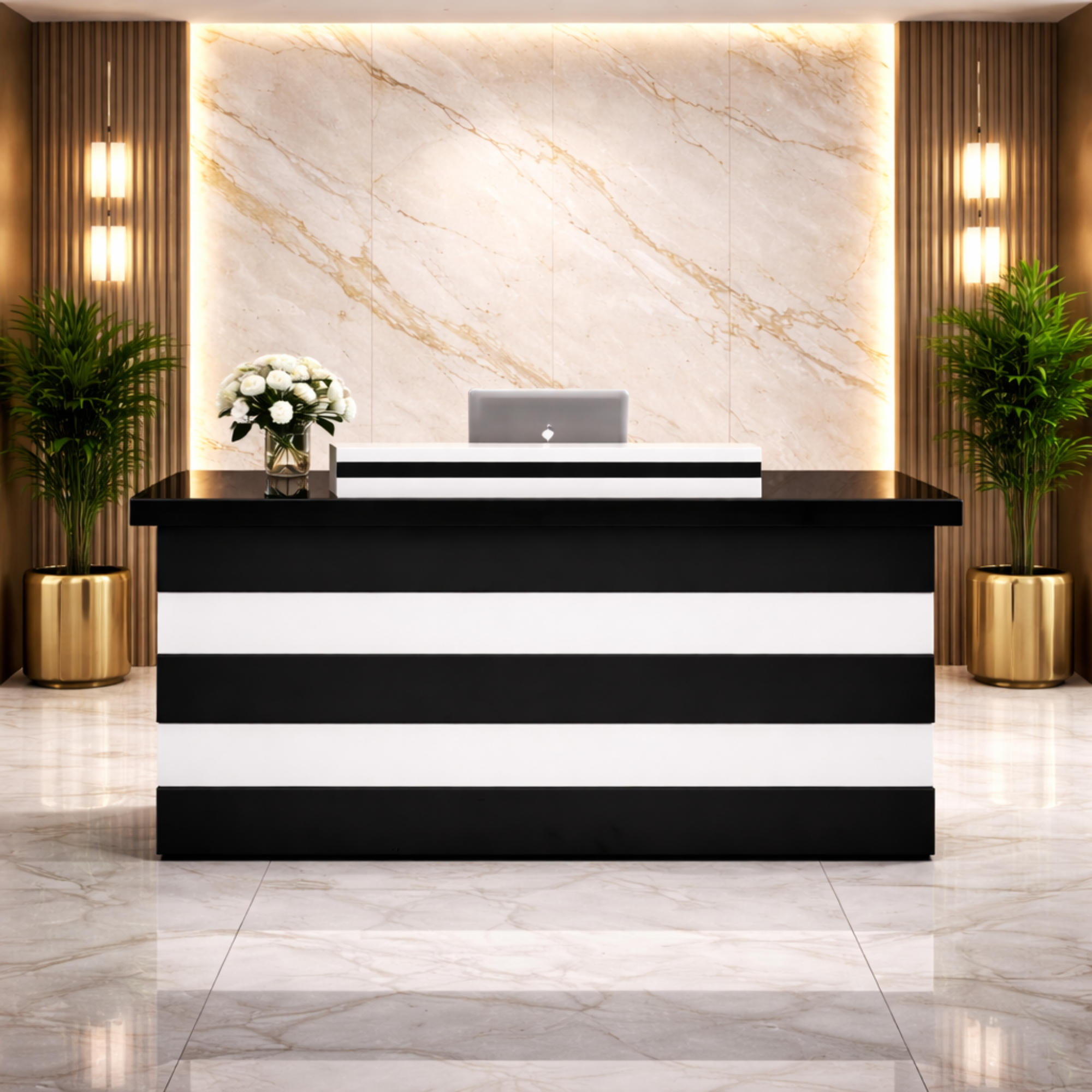 প্রি-ল্যামিনেটেড পার্টিকেল বোর্ড টপ, সাইড প্যানেল এবং এক্সটেন্ডেড ডিলিং টপ সহ মোডেস্টি দিয়ে তৈরি রিসেপশন টেবিল