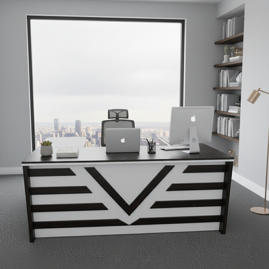 पार्टिकल बोर्ड से बनी डायरेक्टर और एग्जीक्यूटिव एल-आकार की ऑफिस टेबल, साइड ड्रॉअर और खुले शटर के साथ