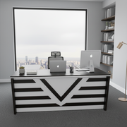 पार्टिकल बोर्ड से बनी डायरेक्टर और एग्जीक्यूटिव एल-आकार की ऑफिस टेबल, साइड ड्रॉअर और खुले शटर के साथ