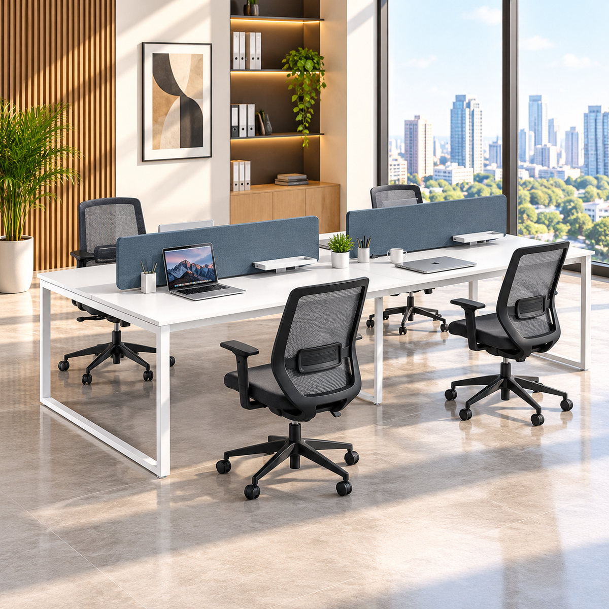 Modern 4 Seater Office Workstation with Frosted Grey Privacy Screens, Spacious White Desks, Metal A-Frame Legs & Cable Access Ports
