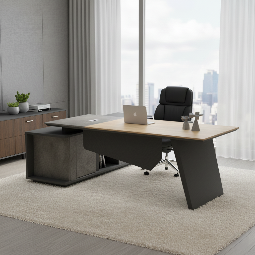 डायरेक्टर एल-आकार की टेबल, लक्जरी आधुनिक ऑफिस डेस्क, MDF से निर्मित, दराज, शेल्फ और CPU स्टोरेज स्पेस के साथ