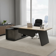 ডিরেক্টর এল-শেপ টেবিল বিলাসবহুল আধুনিক অফিস ডেস্ক, MDF তৈরি এবং ড্রয়ার, তাক এবং CPU স্টোরেজ স্পেস সহ