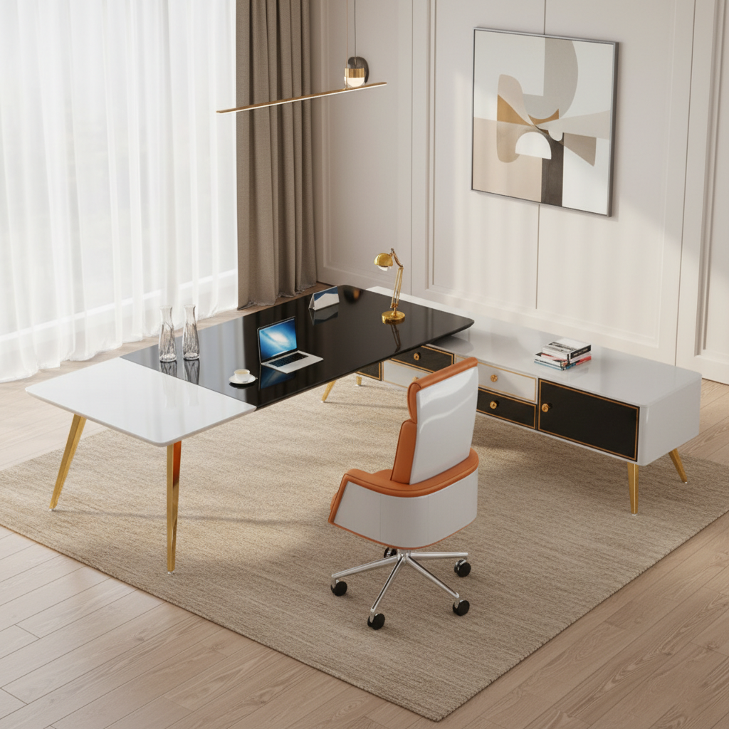 Luxury Director L-Shape Office table with Premium Glossy Executive Desk with Integrated Drawers and Unique Design Table
