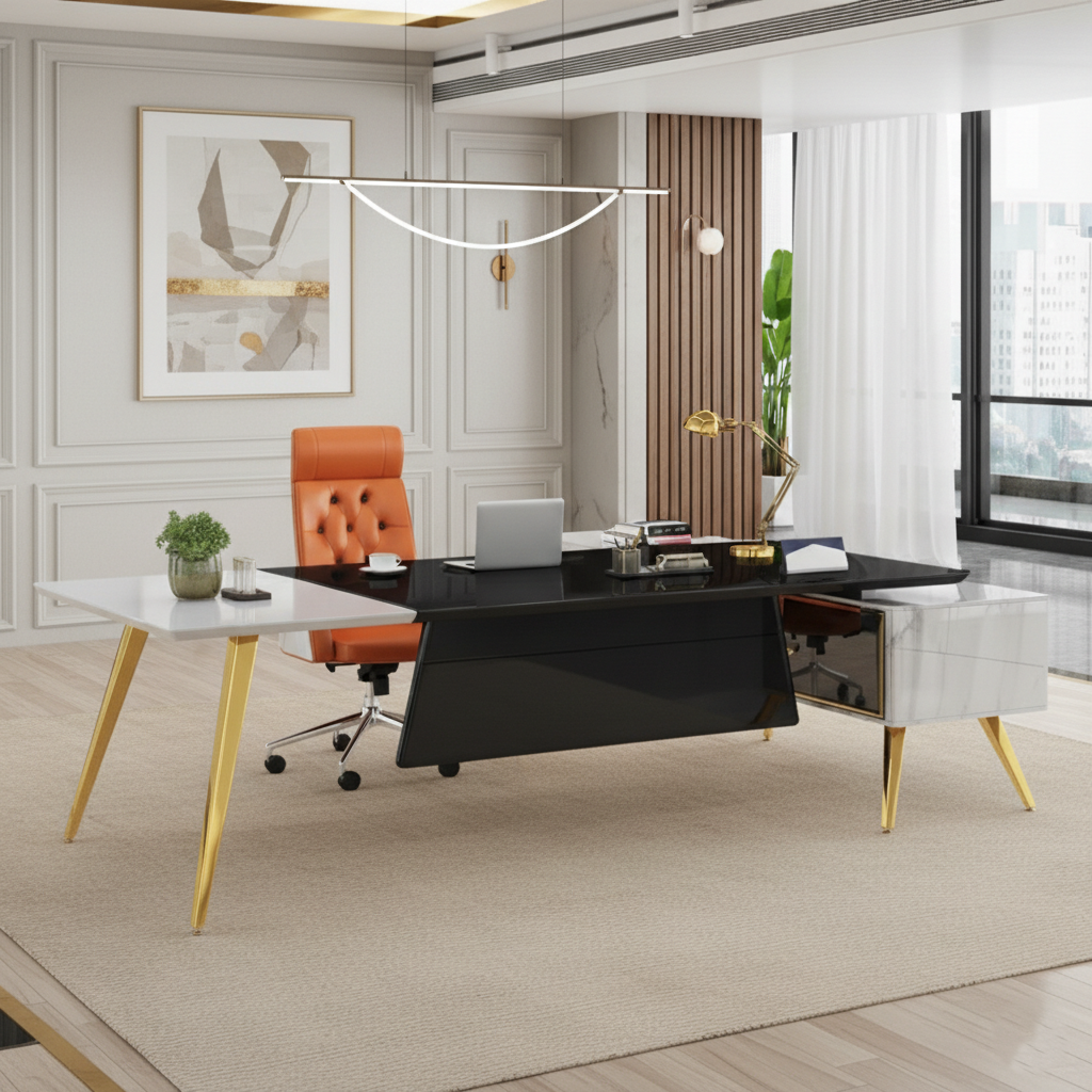 डायरेक्टर एल-आकार का ऑफिस टेबल, आधुनिक डेस्क, पार्टिकल बोर्ड से बना, दराज, रिवर्सिबल ओरिएंटेशन, सीपीयू स्टोरेज और वायर मैनेजमेंट के साथ