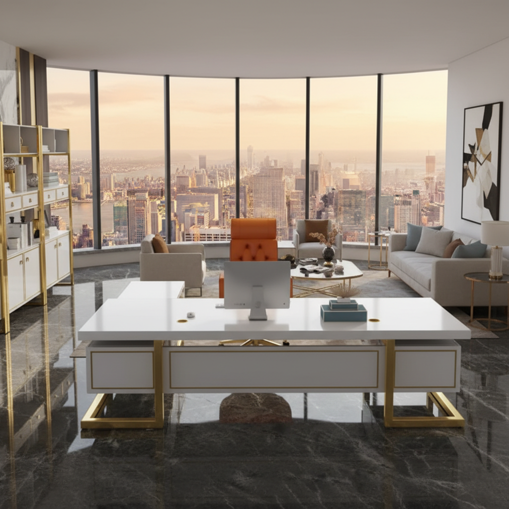 डायरेक्टर एल-आकार का ऑफिस टेबल, आधुनिक डेस्क, पार्टिकल बोर्ड से बना, दराज, रिवर्सिबल ओरिएंटेशन, सीपीयू स्टोरेज और वायर मैनेजमेंट के साथ