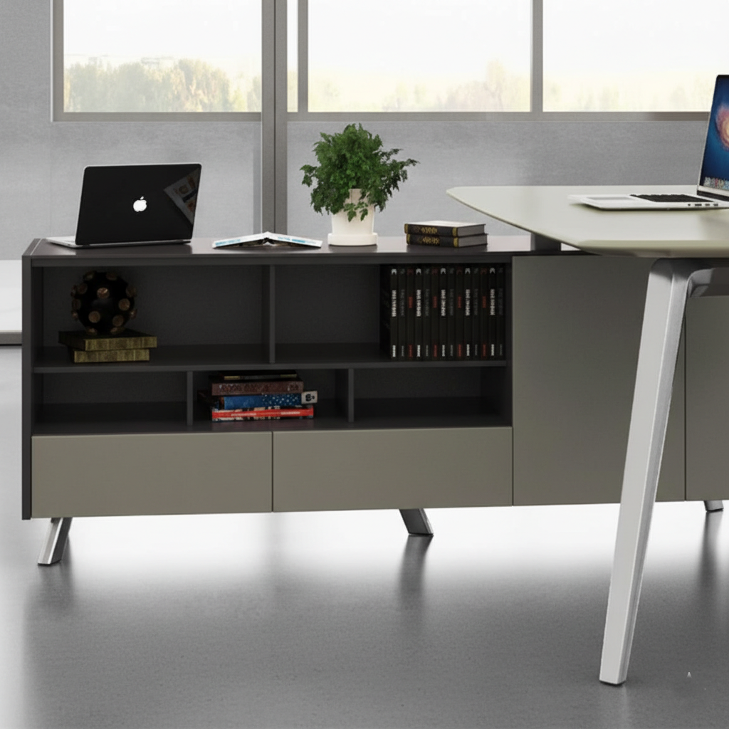 Modern Luxury Office Furniture Director and Executive Table with L-Shaped Design - Dawers and Metal Legs Base