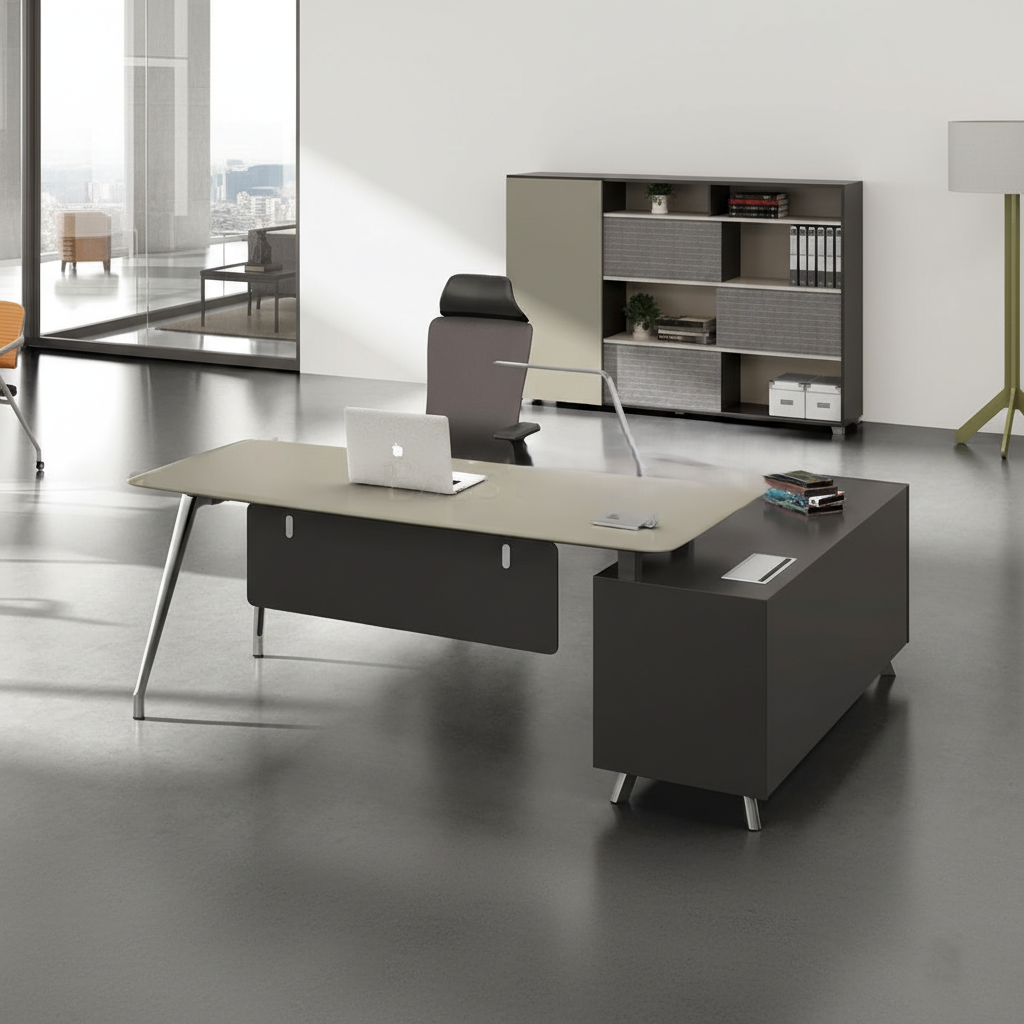 Modern Luxury Office Furniture Director and Executive Table with L-Shaped Design - Dawers and Metal Legs Base