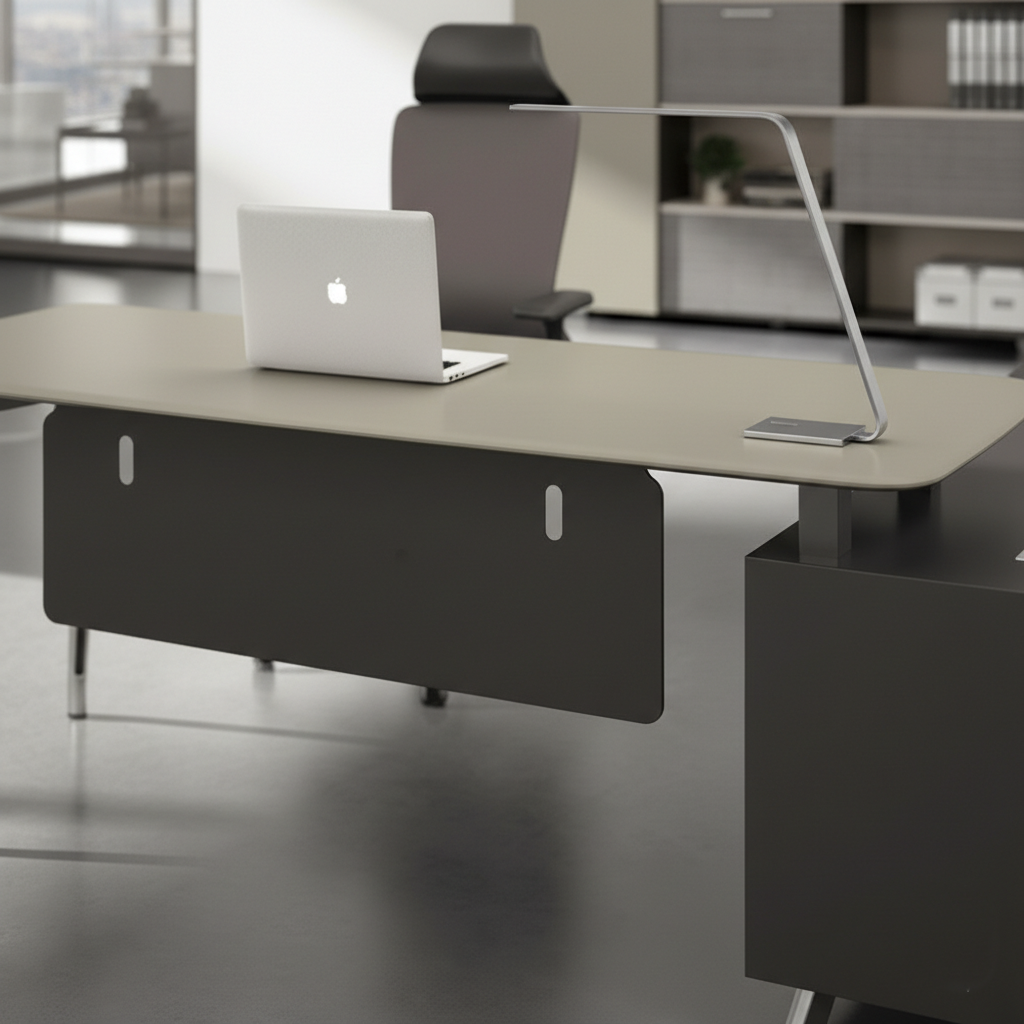 Modern Luxury Office Furniture Director and Executive Table with L-Shaped Design - Dawers and Metal Legs Base