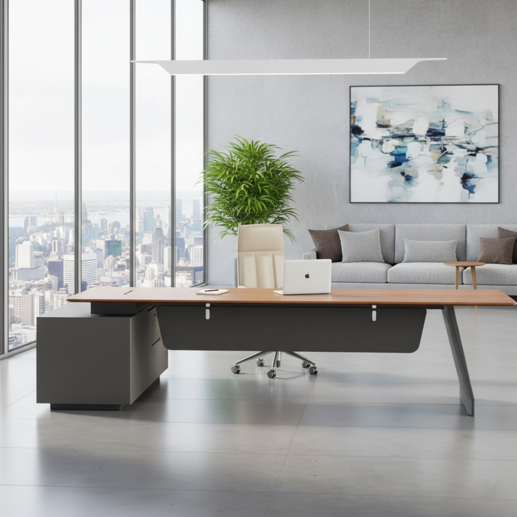 Luxury Modern L-Shape Director Table for Executive Office with Premium Wooden Top with Integrated Side Storage Unit & Contemporary Design