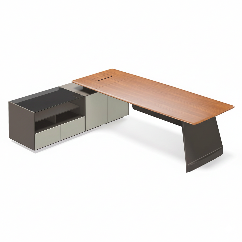 Luxury Modern L-Shape Director Table for Executive Office with Premium Wooden Top with Integrated Side Storage Unit & Contemporary Design
