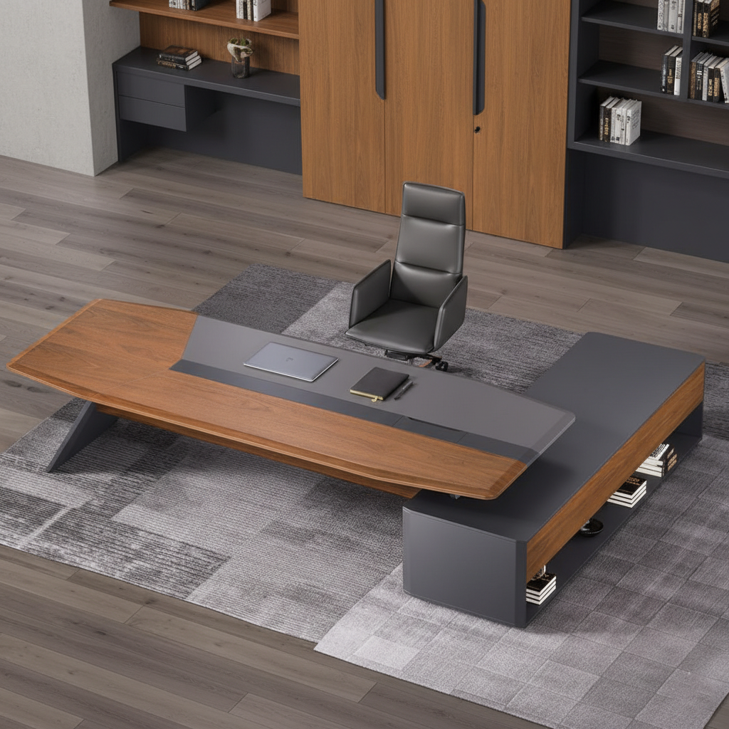 Luxury L Shape Director Table for Office with Side Storage, Premium Wood & Grey Finish, Large Workspace