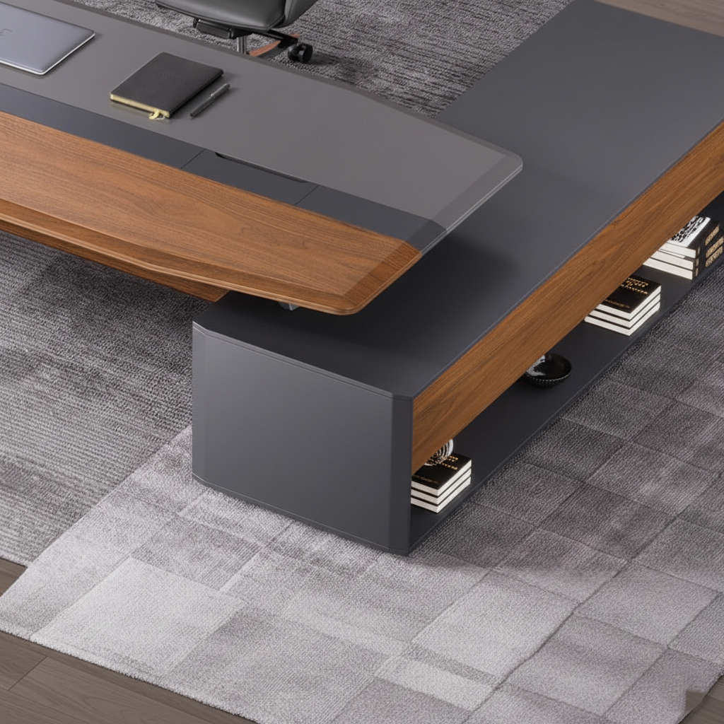 Luxury L Shape Director Table for Office with Side Storage, Premium Wood & Grey Finish, Large Workspace