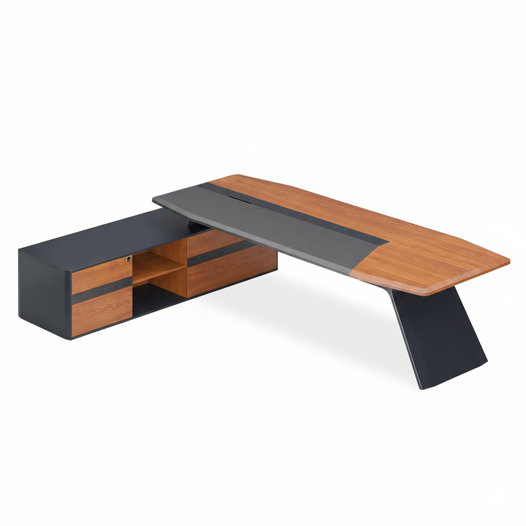 Luxury L Shape Director Table for Office with Side Storage, Premium Wood & Grey Finish, Large Workspace