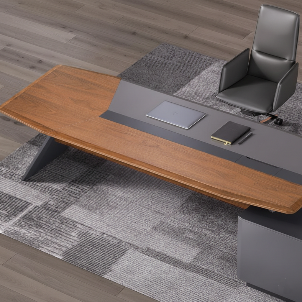 Luxury L Shape Director Table for Office with Side Storage, Premium Wood & Grey Finish, Large Workspace