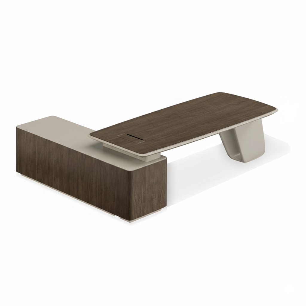 Modern L Shape Director Table for Office with Luxury Executive Desk and Side Storage, Premium Wood Veneer Top & Minimal Design