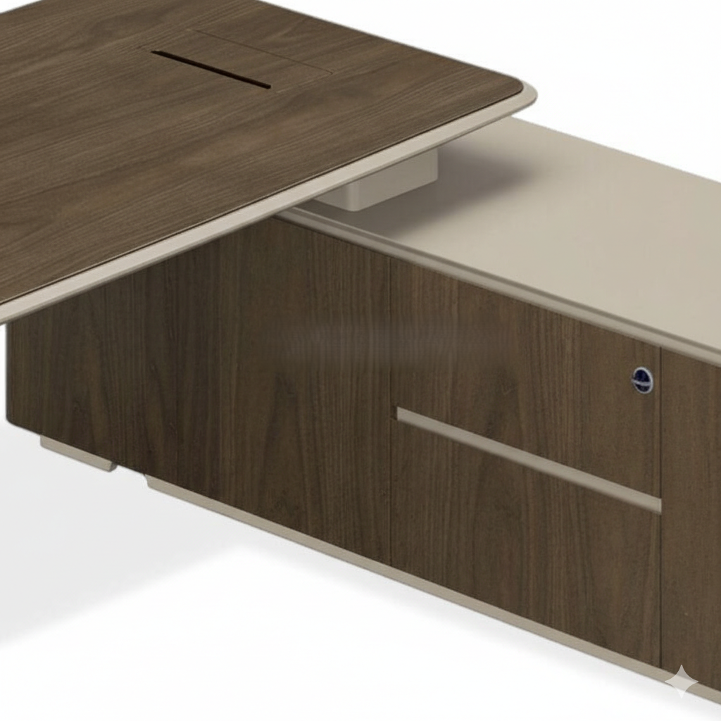 Modern L Shape Director Table for Office with Luxury Executive Desk and Side Storage, Premium Wood Veneer Top & Minimal Design