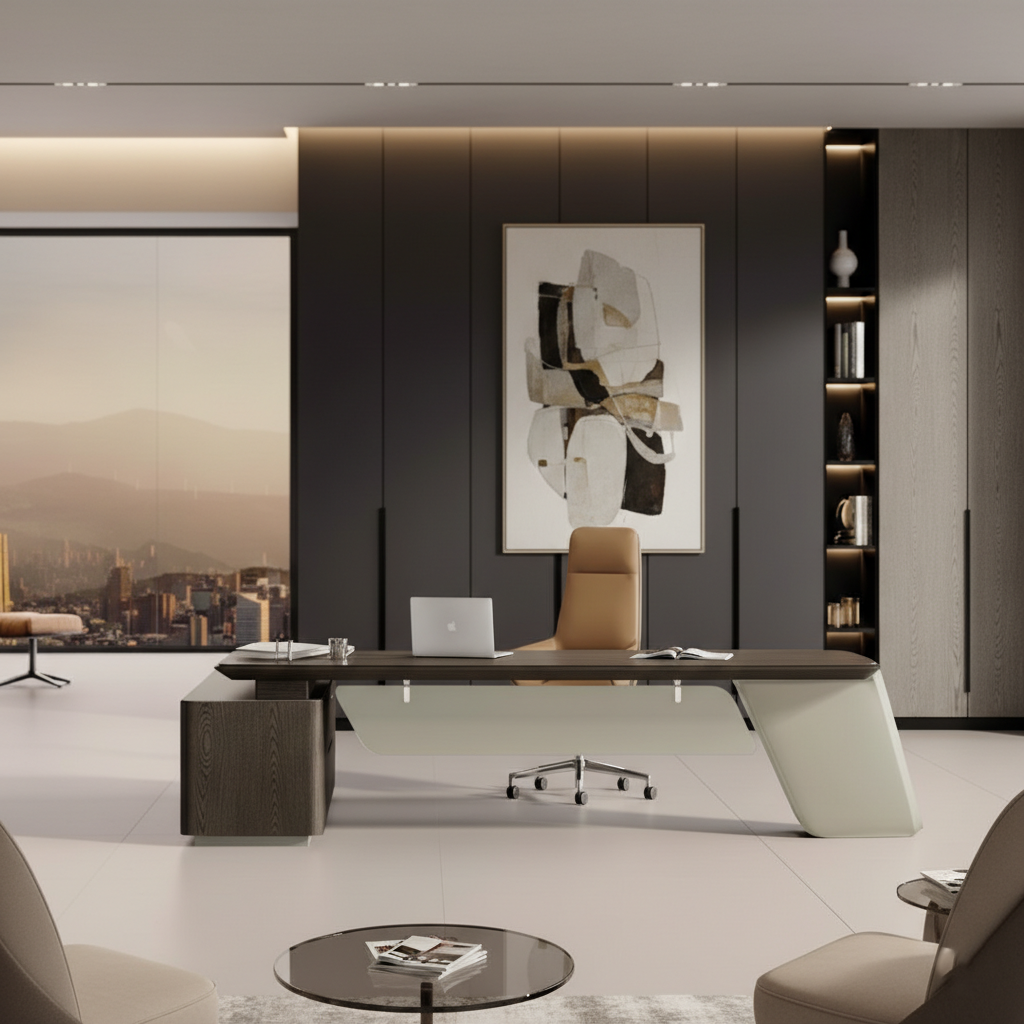 Modern L Shape Director Table for Office with Luxury Executive Desk and Side Storage, Premium Wood Veneer Top & Minimal Design