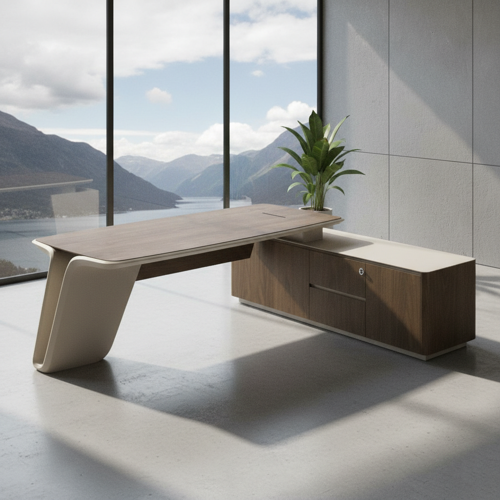 Modern L Shape Director Table for Office with Luxury Executive Desk and Side Storage, Premium Wood Veneer Top & Minimal Design