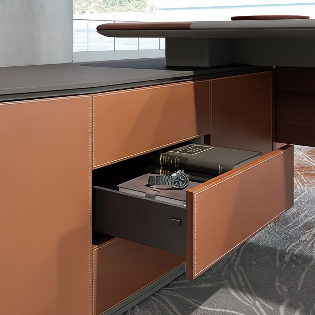 Unique Modern for Director Table Premium Executive Desk with Side Storage Unit, Rich Wood Veneer Top and Design for CEO & Director Cabins