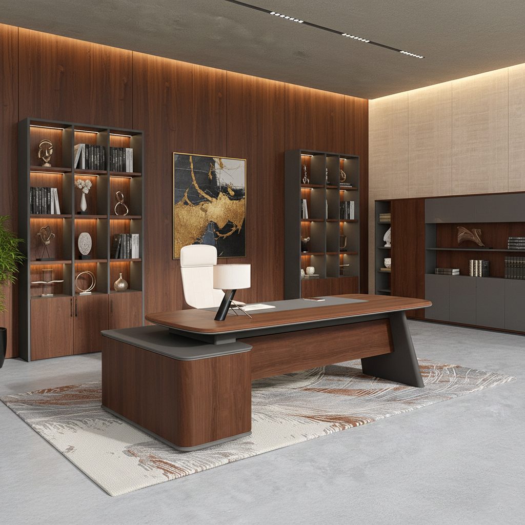 Unique Modern for Director Table Premium Executive Desk with Side Storage Unit, Rich Wood Veneer Top and Design for CEO & Director Cabins