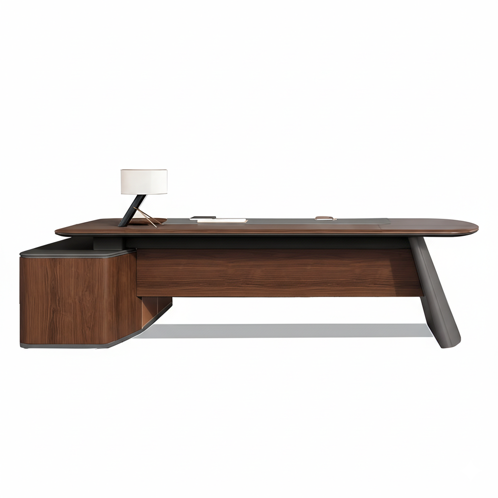 Unique Modern for Director Table Premium Executive Desk with Side Storage Unit, Rich Wood Veneer Top and Design for CEO & Director Cabins
