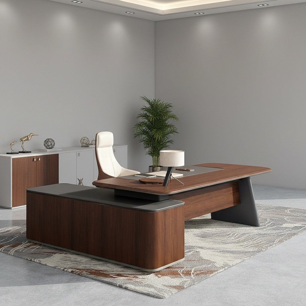 Unique Modern for Director Table Premium Executive Desk with Side Storage Unit, Rich Wood Veneer Top and Design for CEO & Director Cabins