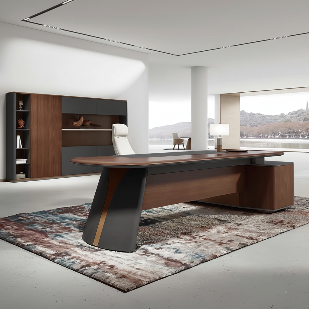 Unique Modern for Director Table Premium Executive Desk with Side Storage Unit, Rich Wood Veneer Top and Design for CEO & Director Cabins