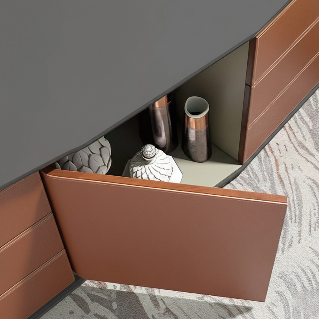 Unique Modern for Director Table Premium Executive Desk with Side Storage Unit, Rich Wood Veneer Top and Design for CEO & Director Cabins