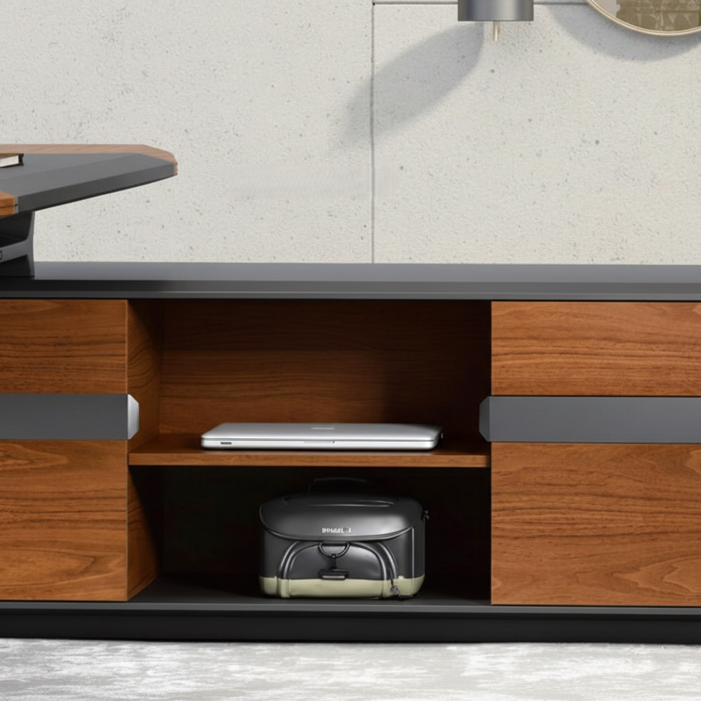 Luxury L Shape Director Table for Office Furniture Executive Desk with Side Storage Unit, Premium Wood Finish & Contemporary Design