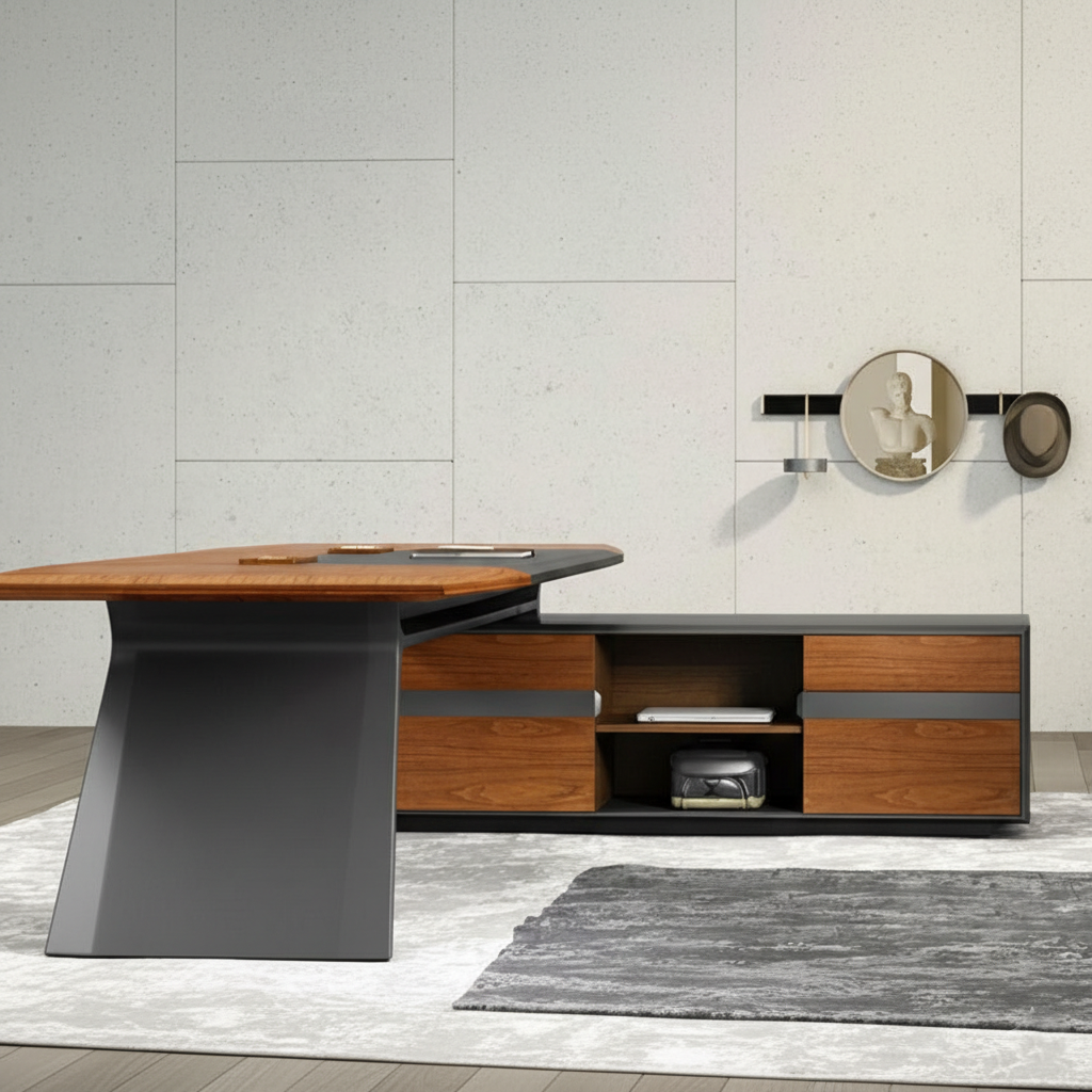 Luxury L Shape Director Table for Office Furniture Executive Desk with Side Storage Unit, Premium Wood Finish & Contemporary Design