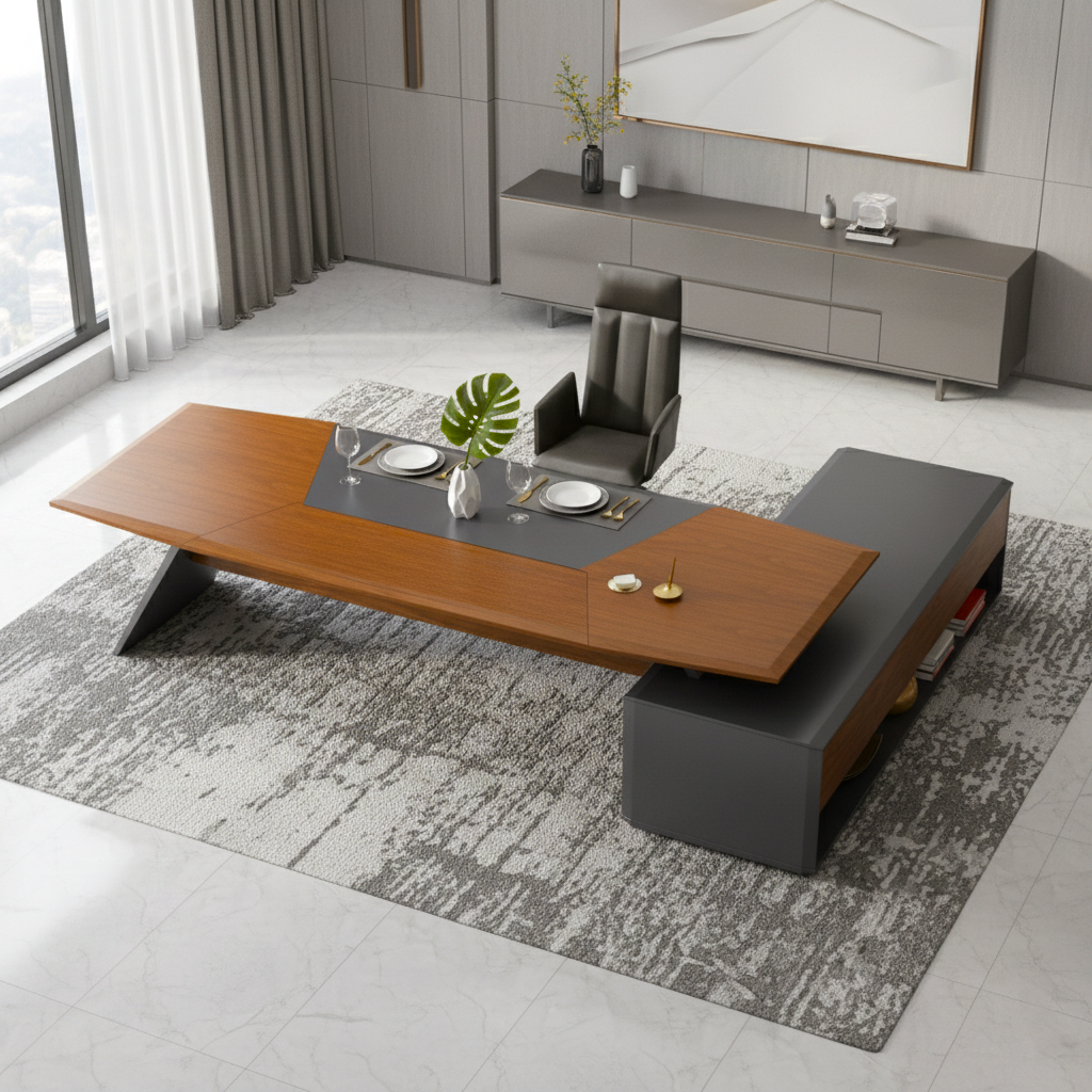 Luxury L Shape Director Table for Office Furniture Executive Desk with Side Storage Unit, Premium Wood Finish & Contemporary Design