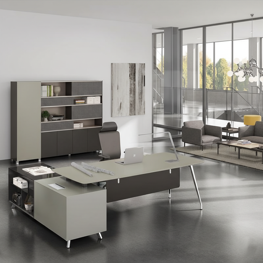 Luxury L Shape Director Table for Office Furniture with Side Storage and Wire Manager - Metal Legs, Durable, Contemporary Design