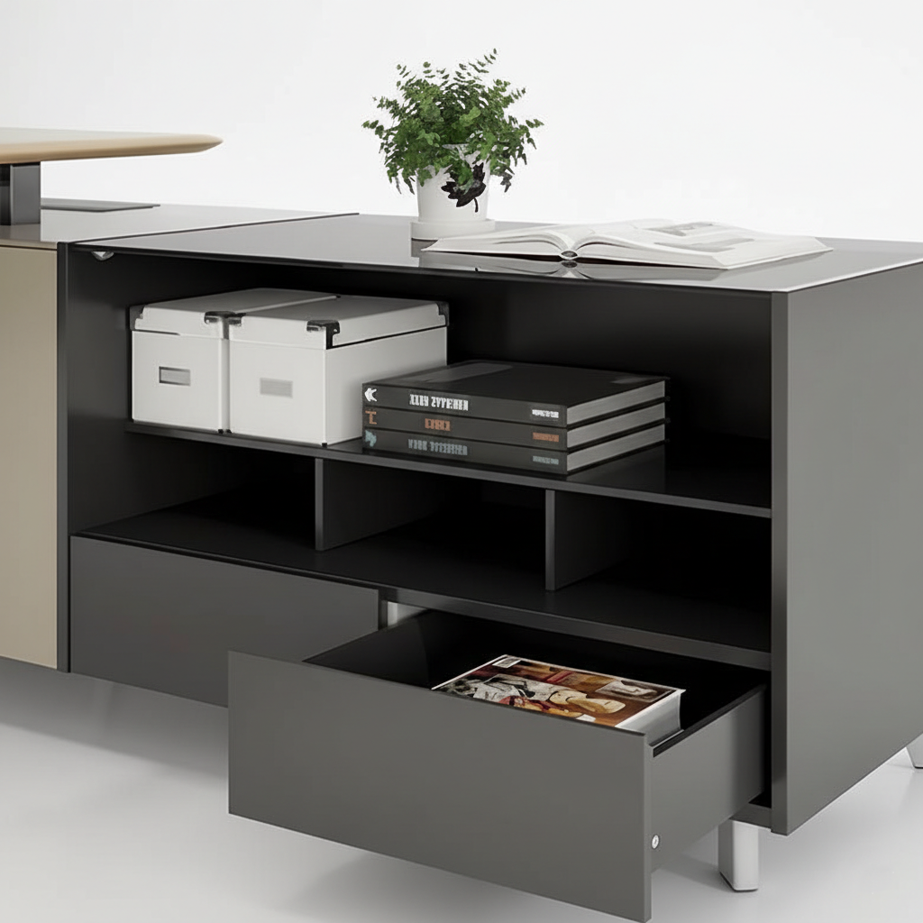 Luxury L Shape Director Table for Office Furniture with Side Storage and Wire Manager - Metal Legs, Durable, Contemporary Design