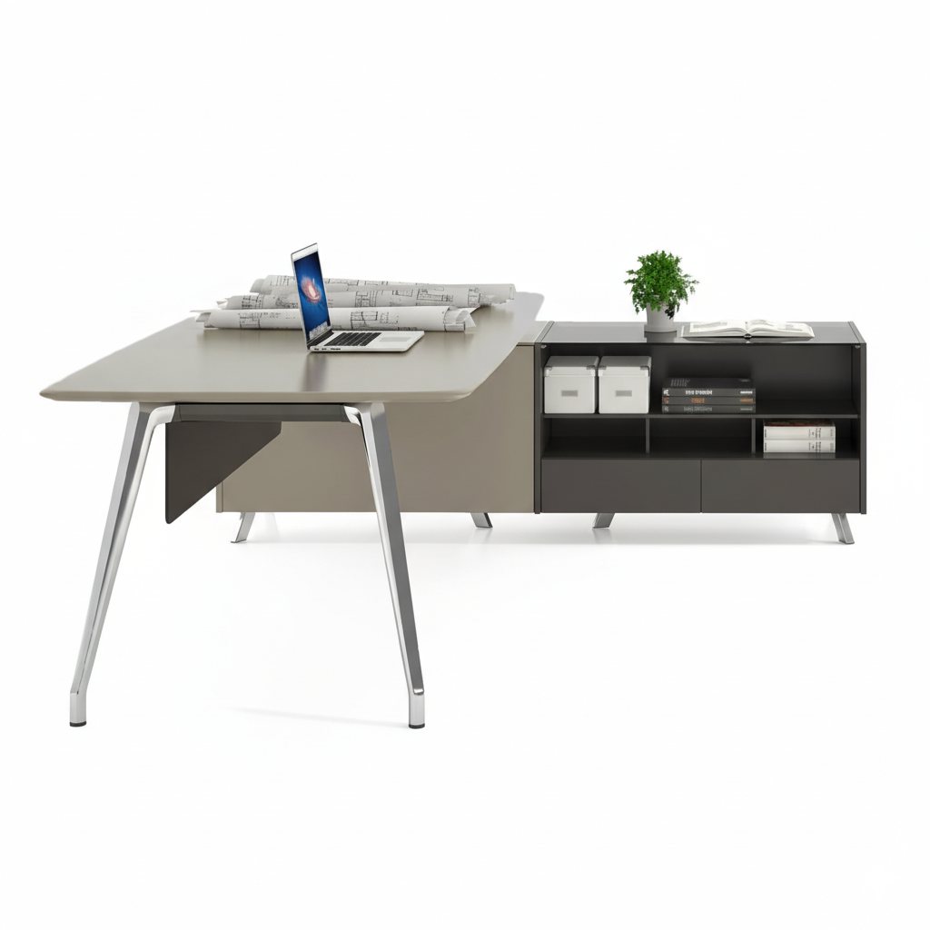 Luxury L Shape Director Table for Office Furniture with Side Storage and Wire Manager - Metal Legs, Durable, Contemporary Design
