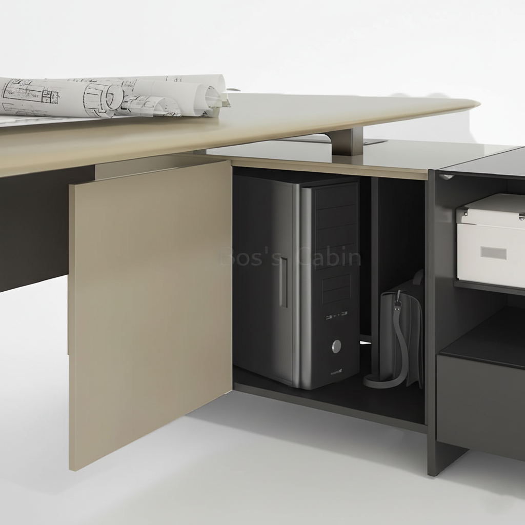 Luxury L Shape Director Table for Office Furniture with Side Storage and Wire Manager - Metal Legs, Durable, Contemporary Design