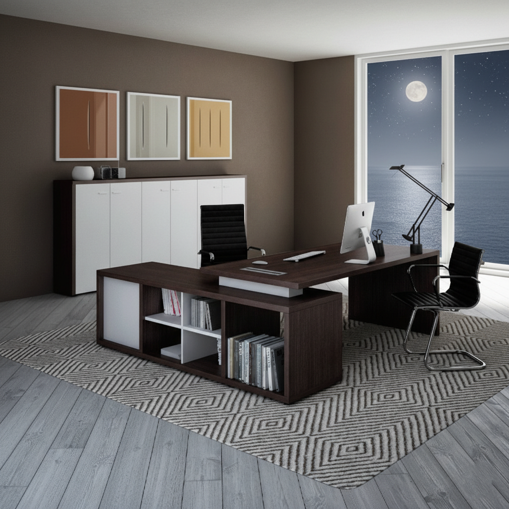 Modern Executive Director Table with Integrated Storage - Premium Wooden Finish, Spacious Worktop for Office & Corporate Cabins