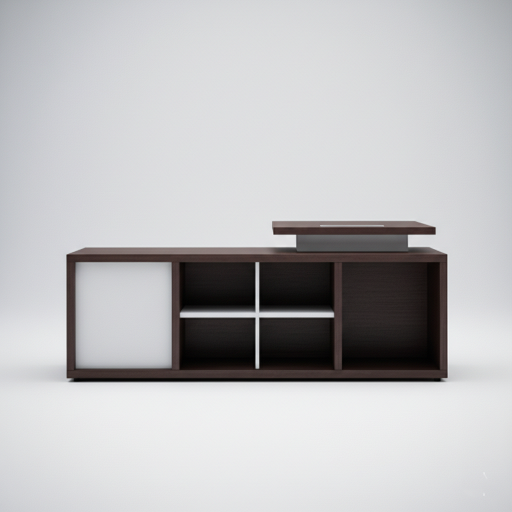 Modern Executive Director Table with Integrated Storage - Premium Wooden Finish, Spacious Worktop for Office & Corporate Cabins