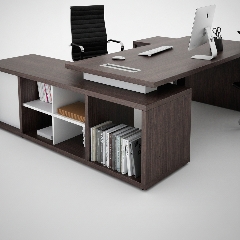 Modern Executive Director Table with Integrated Storage - Premium Wooden Finish, Spacious Worktop for Office & Corporate Cabins