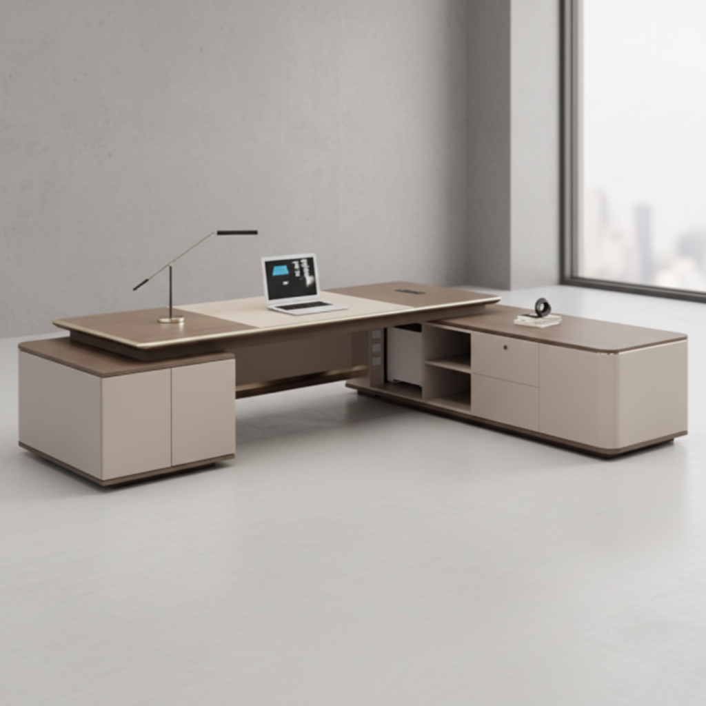 Luxury Executive Director Table with LED Accent Panel, Curved Edge Design, Premium Beige Finish, Spacious Worktop for Corporate Offices