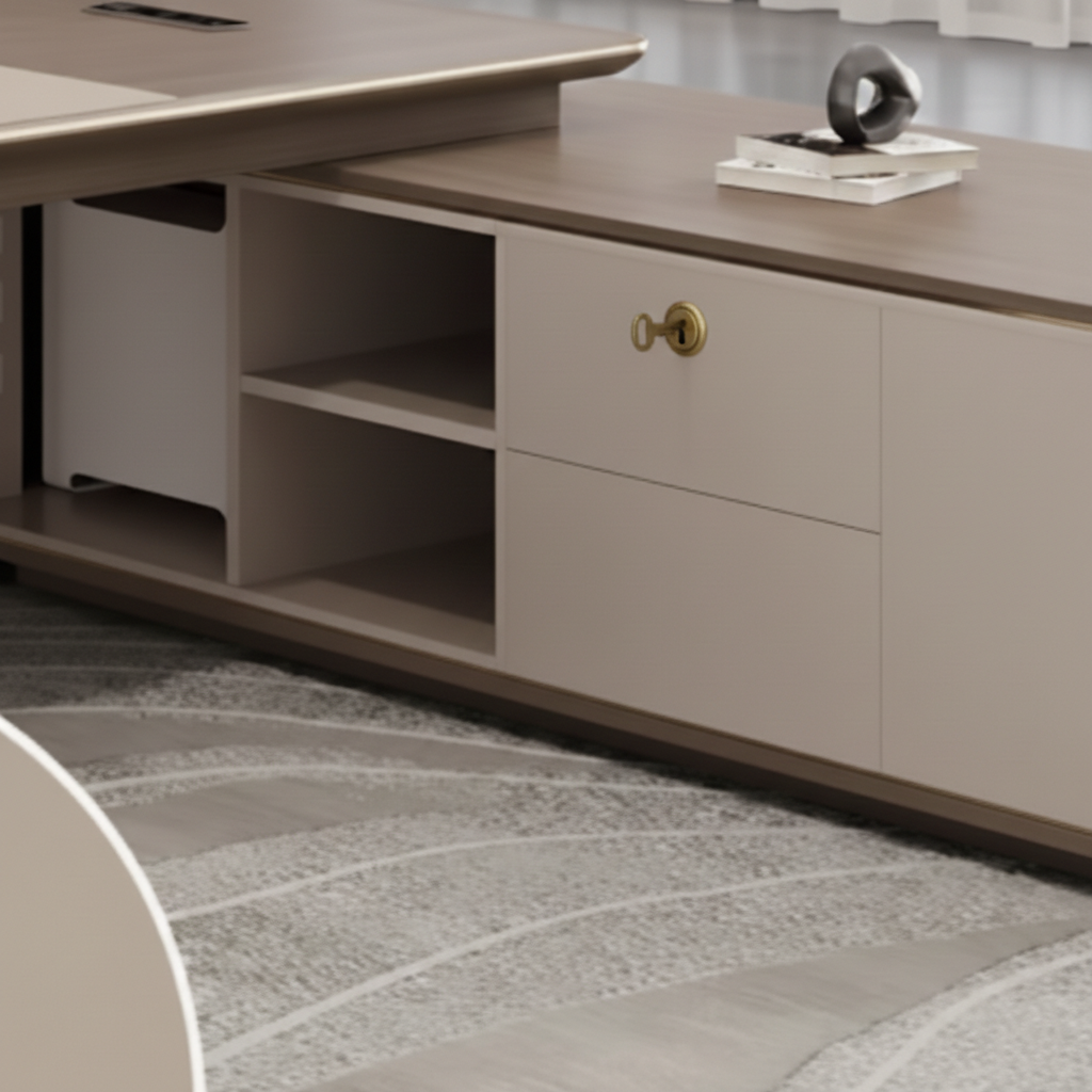 Luxury Executive Director Table with LED Accent Panel, Curved Edge Design, Premium Beige Finish, Spacious Worktop for Corporate Offices