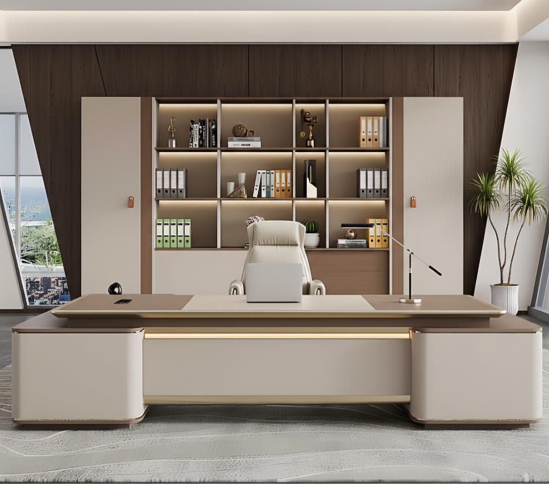 Luxury Executive Director Table with LED Accent Panel, Curved Edge Design, Premium Beige Finish, Spacious Worktop for Corporate Offices